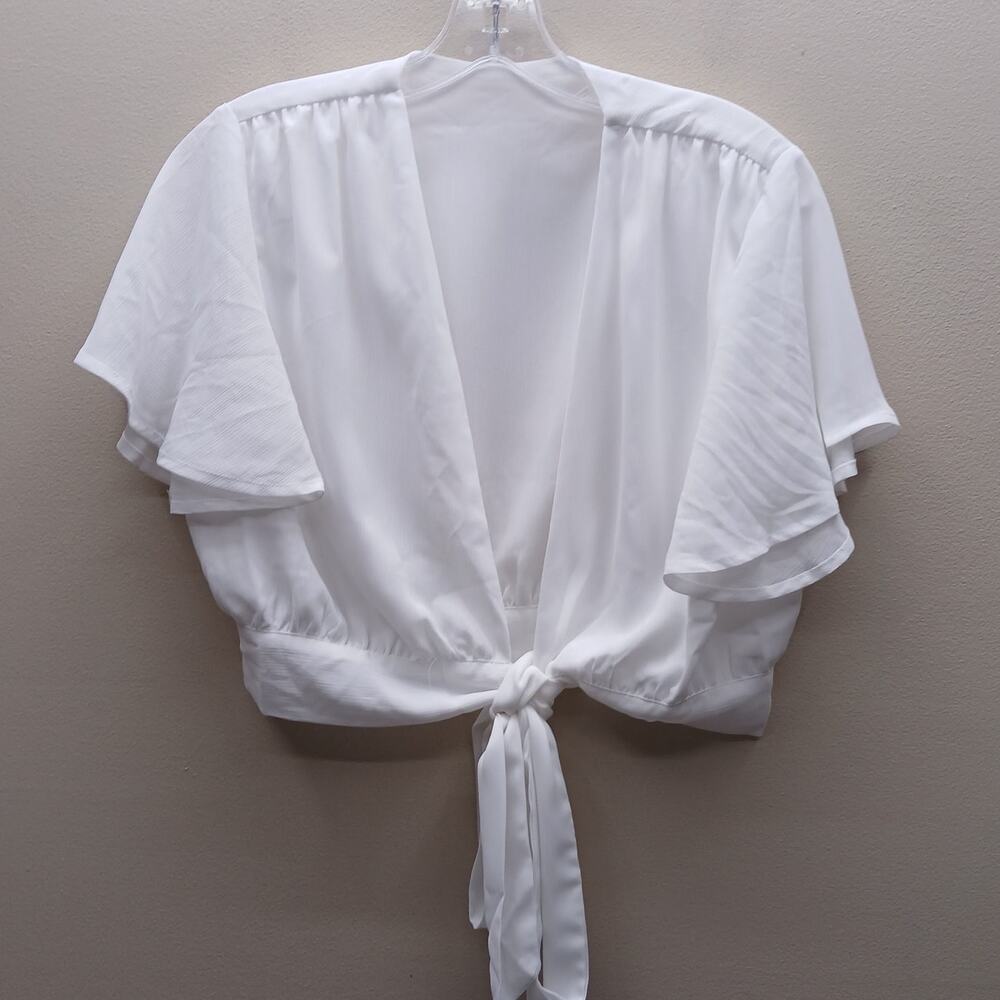 Lyaner Deep V Neck Tie Front Knot Wrap Angel Sleeve Crop Top Shrug Size Small